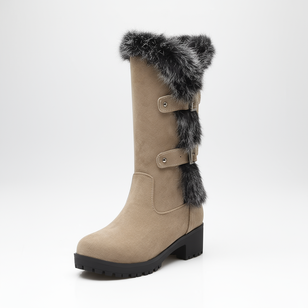 Beige winter boot with black sole and gray fur trim on a white background
