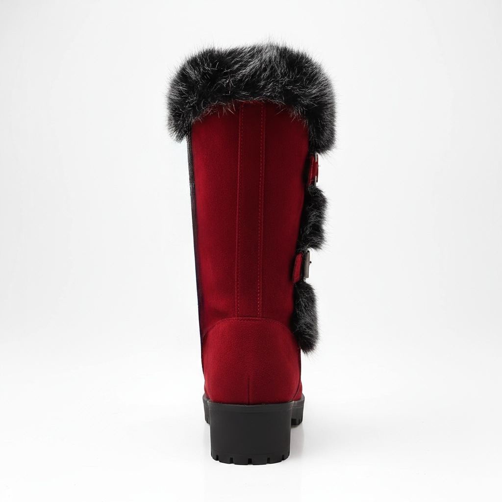 Red boot with fur trim on a white background