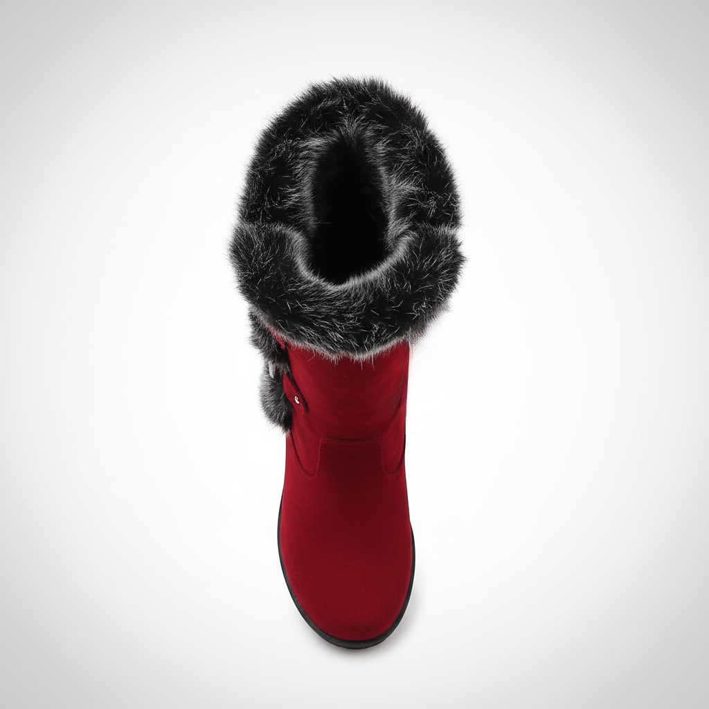 Red boot with black fur trim on a white background
