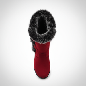 Red boot with black fur trim on a white background