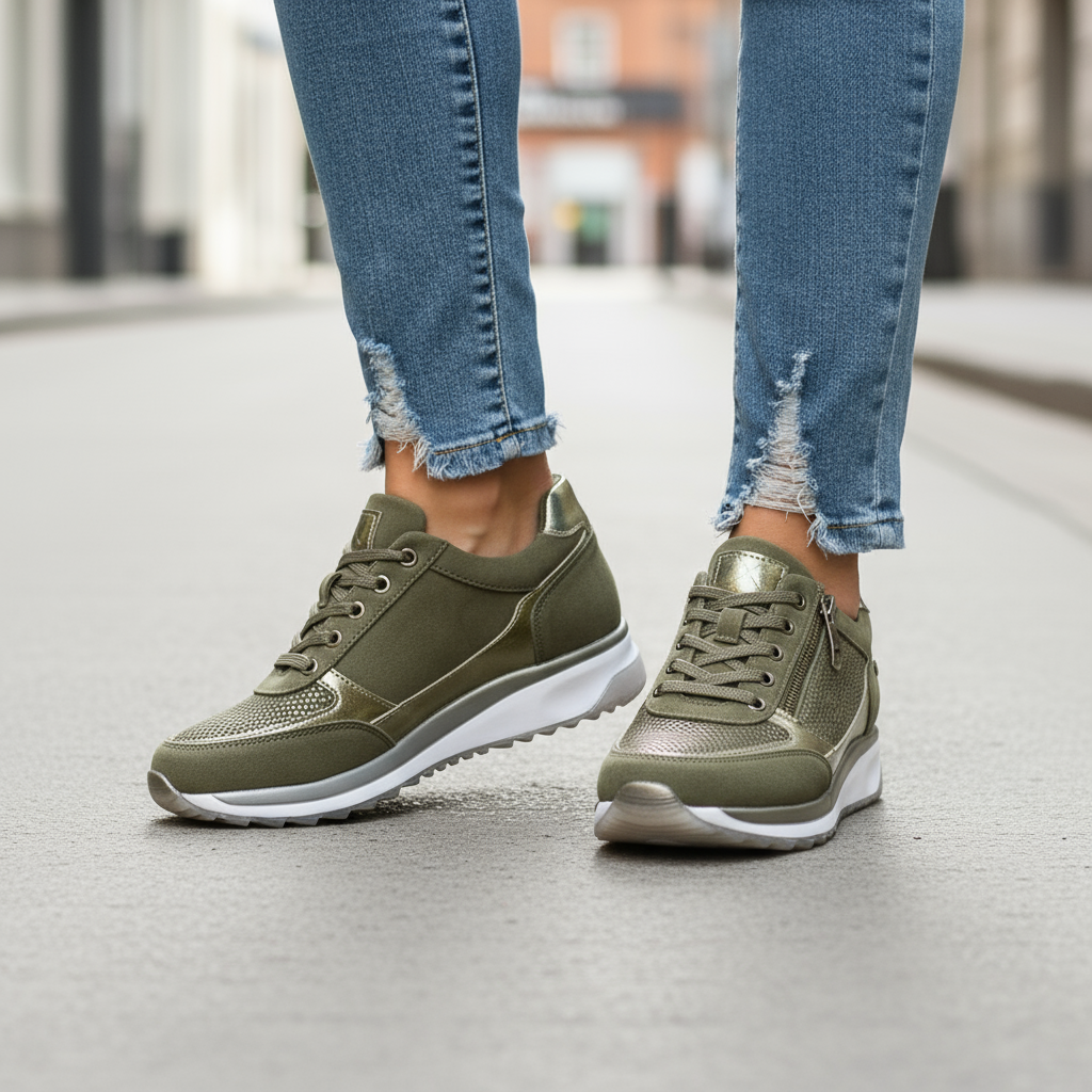 Green sneakers worn with ripped jeans on a blurred street background
