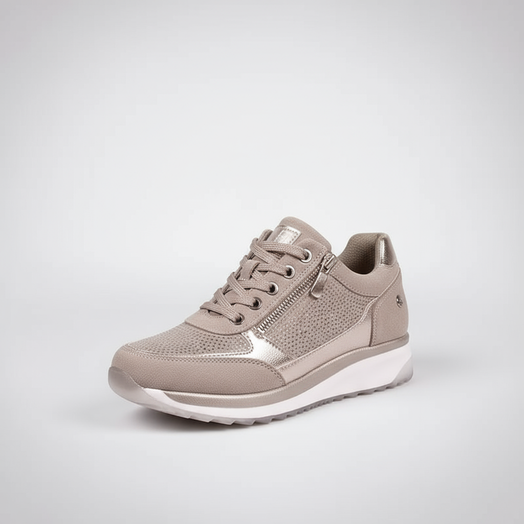 Beige sneaker with white sole on a light gray background