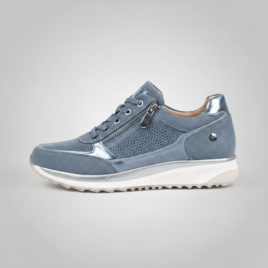 Blue sneaker with a metallic accent on a gray background