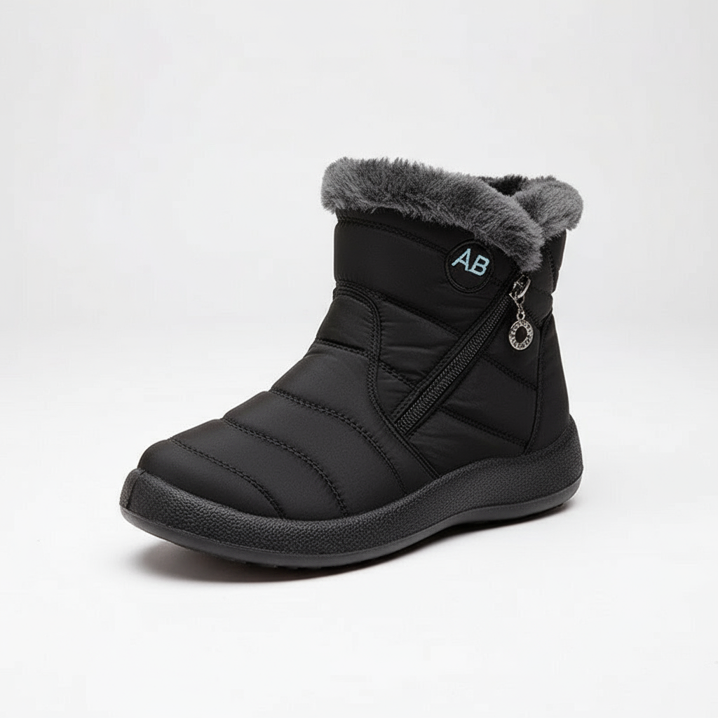 Black winter boot with gray fur lining on a white background