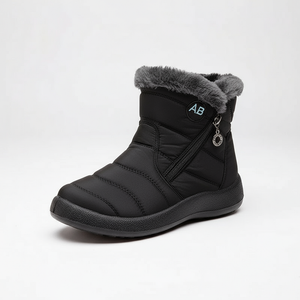 Black winter boot with gray fur lining on a white background