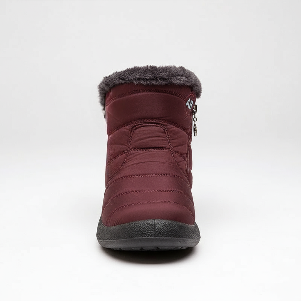 Maroon winter boot with gray fur lining on a white background