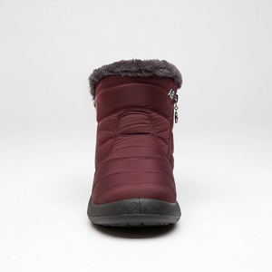 Maroon winter boot with gray fur lining on a white background