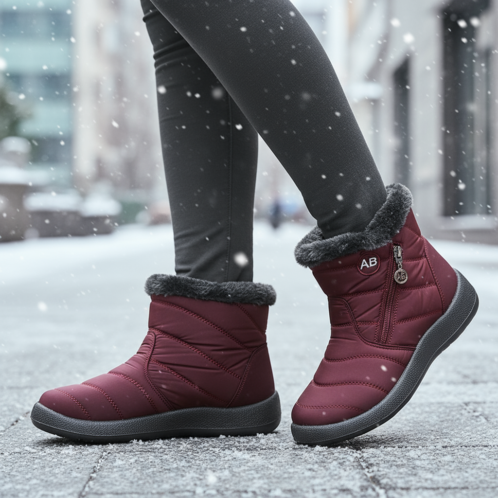 Maroon winter boots with fur trim worn on a snowy street.