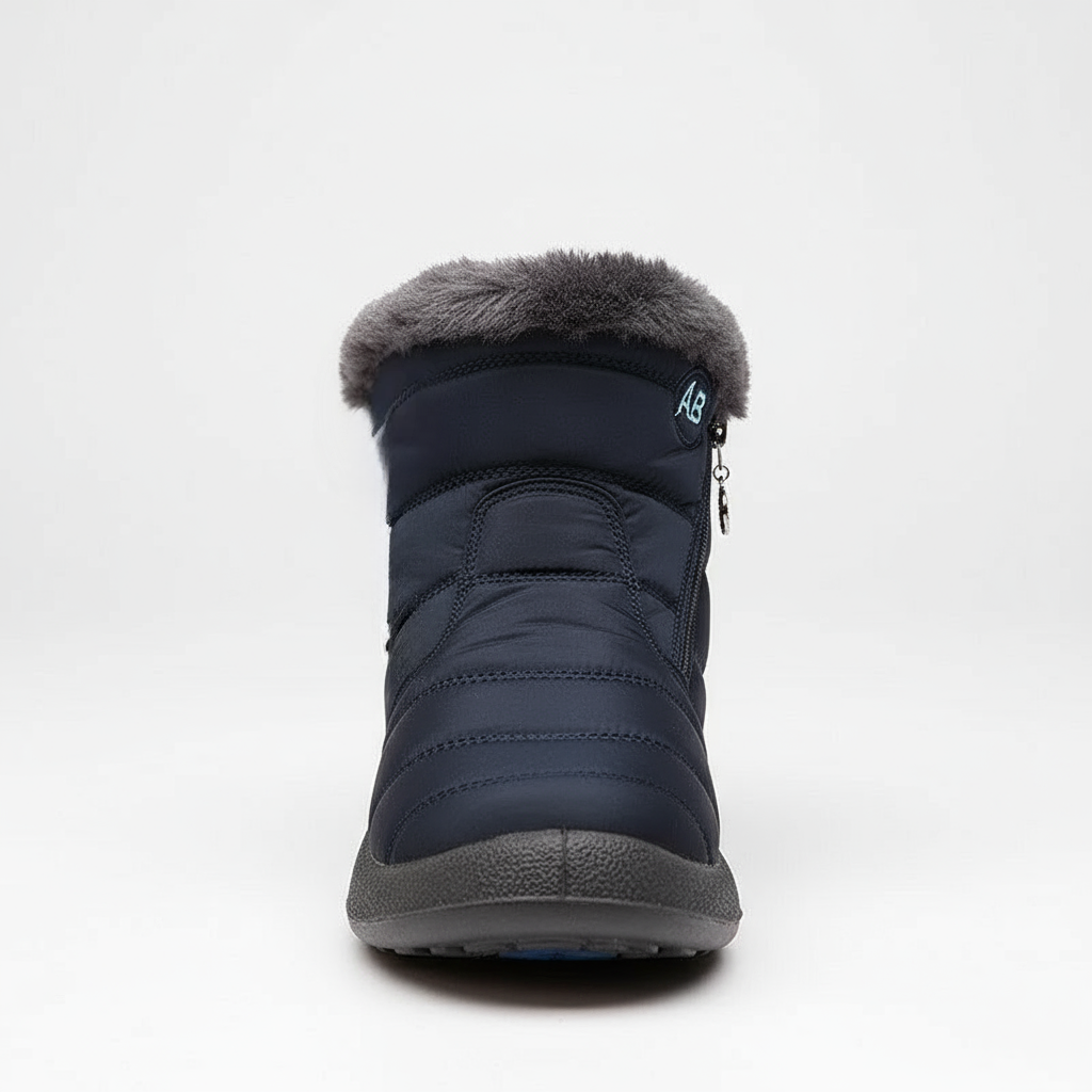 Navy winter boot with gray fur lining on a white background