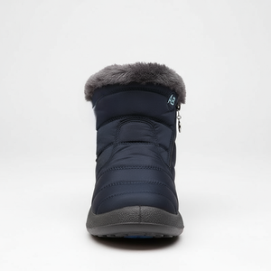 Navy winter boot with gray fur lining on a white background