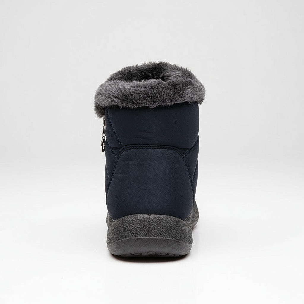 Navy winter boot with gray fur lining on a white background