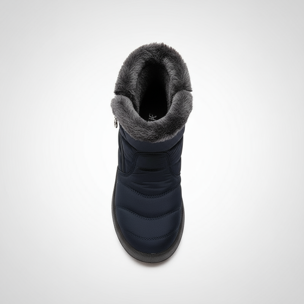 Black winter boot with gray fur lining on a white background