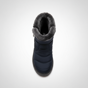 Black winter boot with gray fur lining on a white background