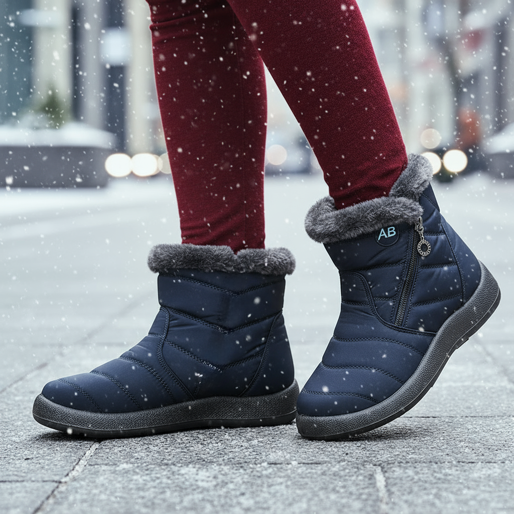 Navy blue winter boots with gray fur trim worn on a snowy street.