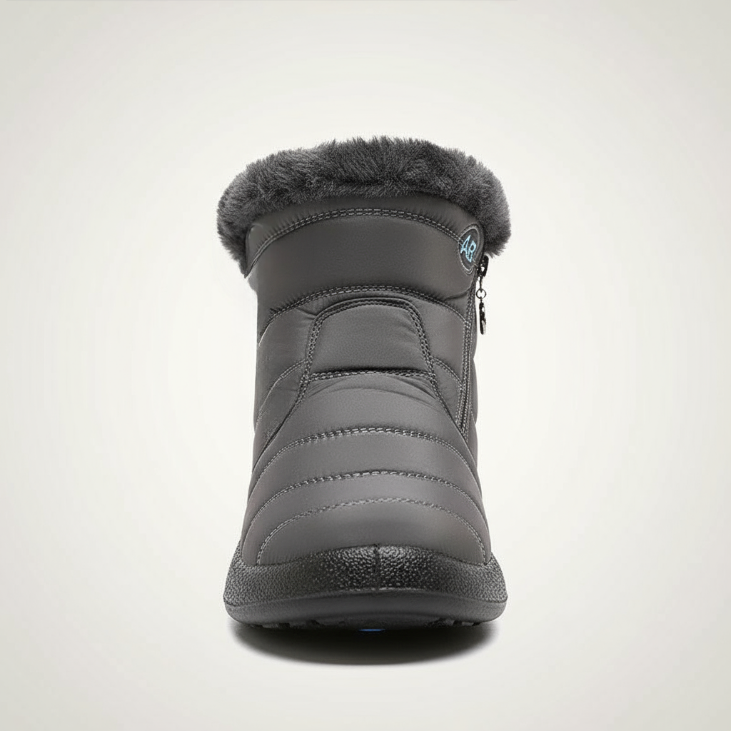 Gray winter boot with fur lining on a light gray background