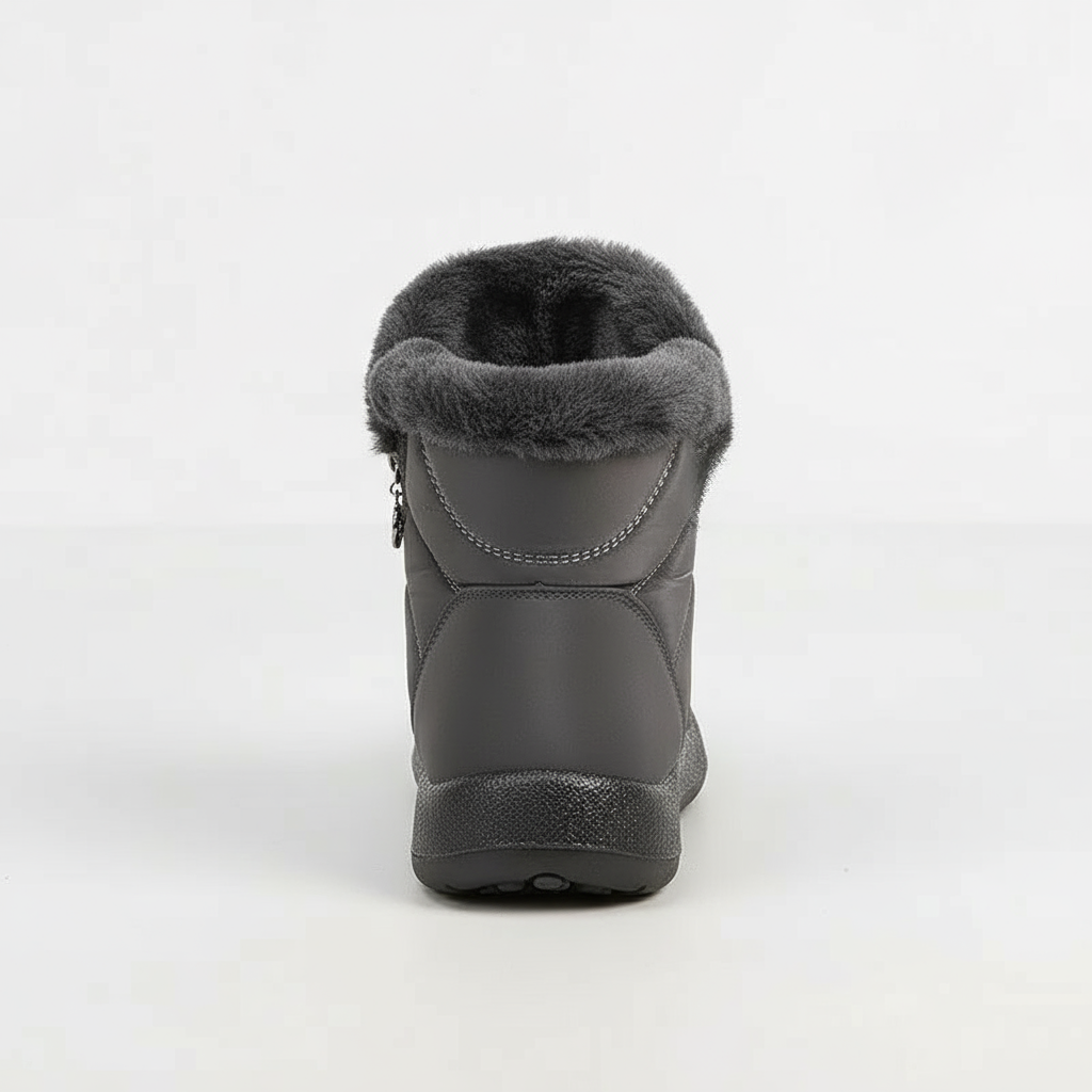Gray winter boot with fur lining on a white background