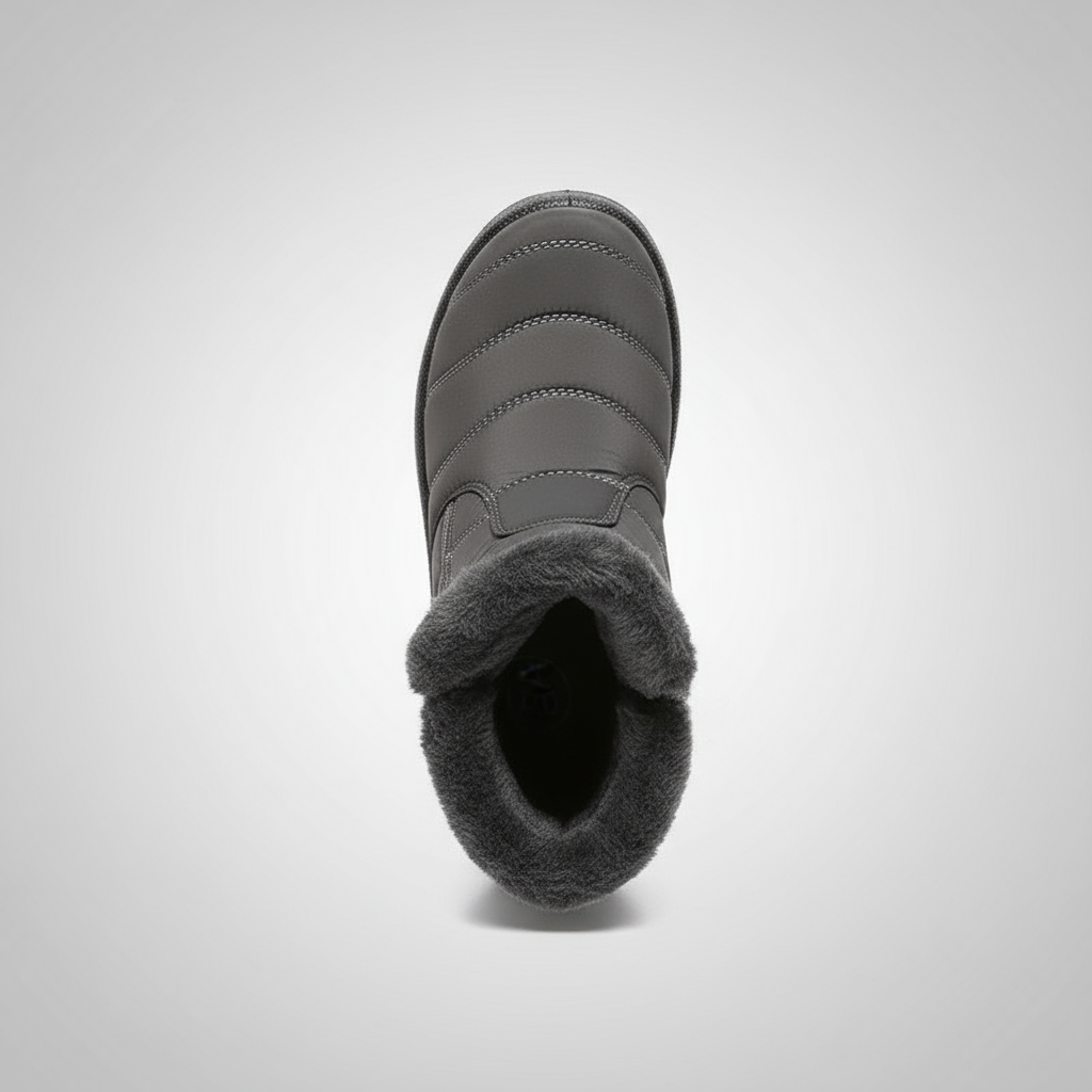 Gray winter boot with fur lining on a light gray background