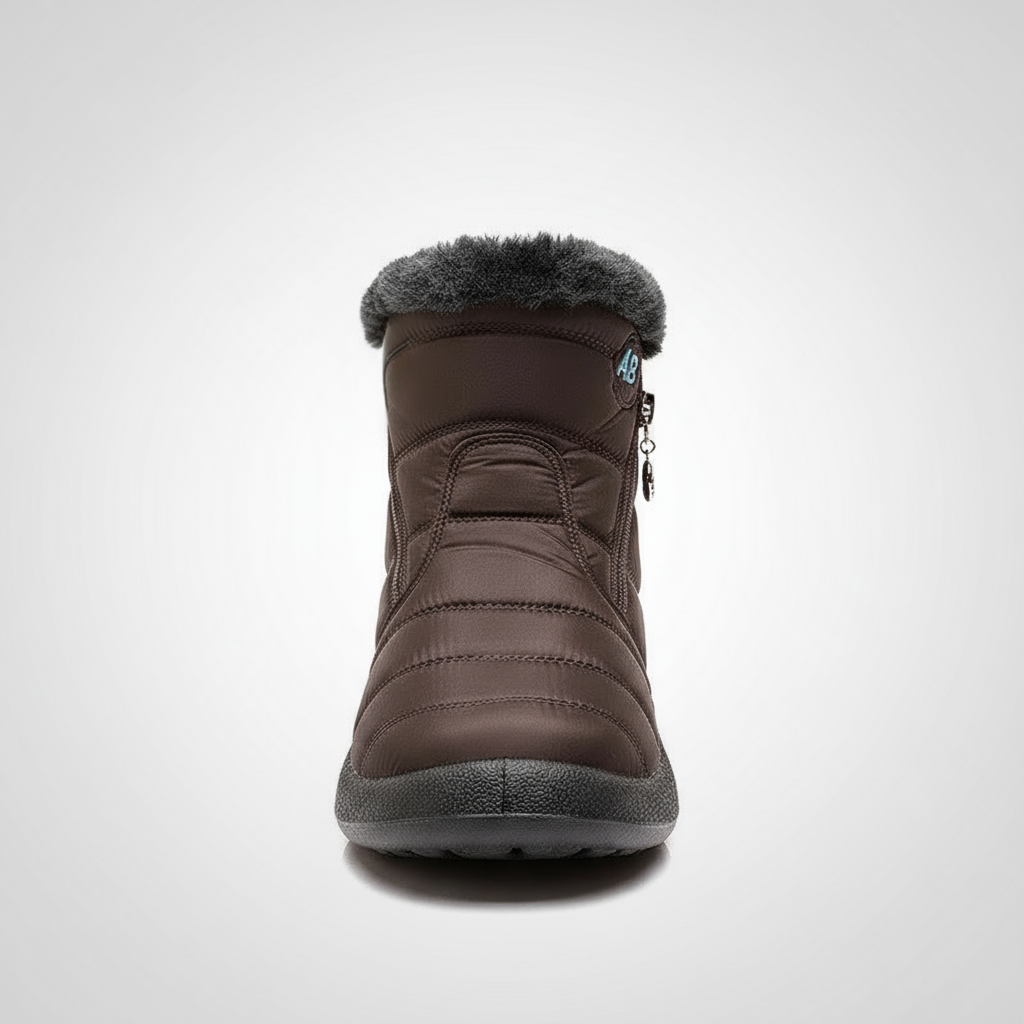 Brown winter boot with fur lining on a white background