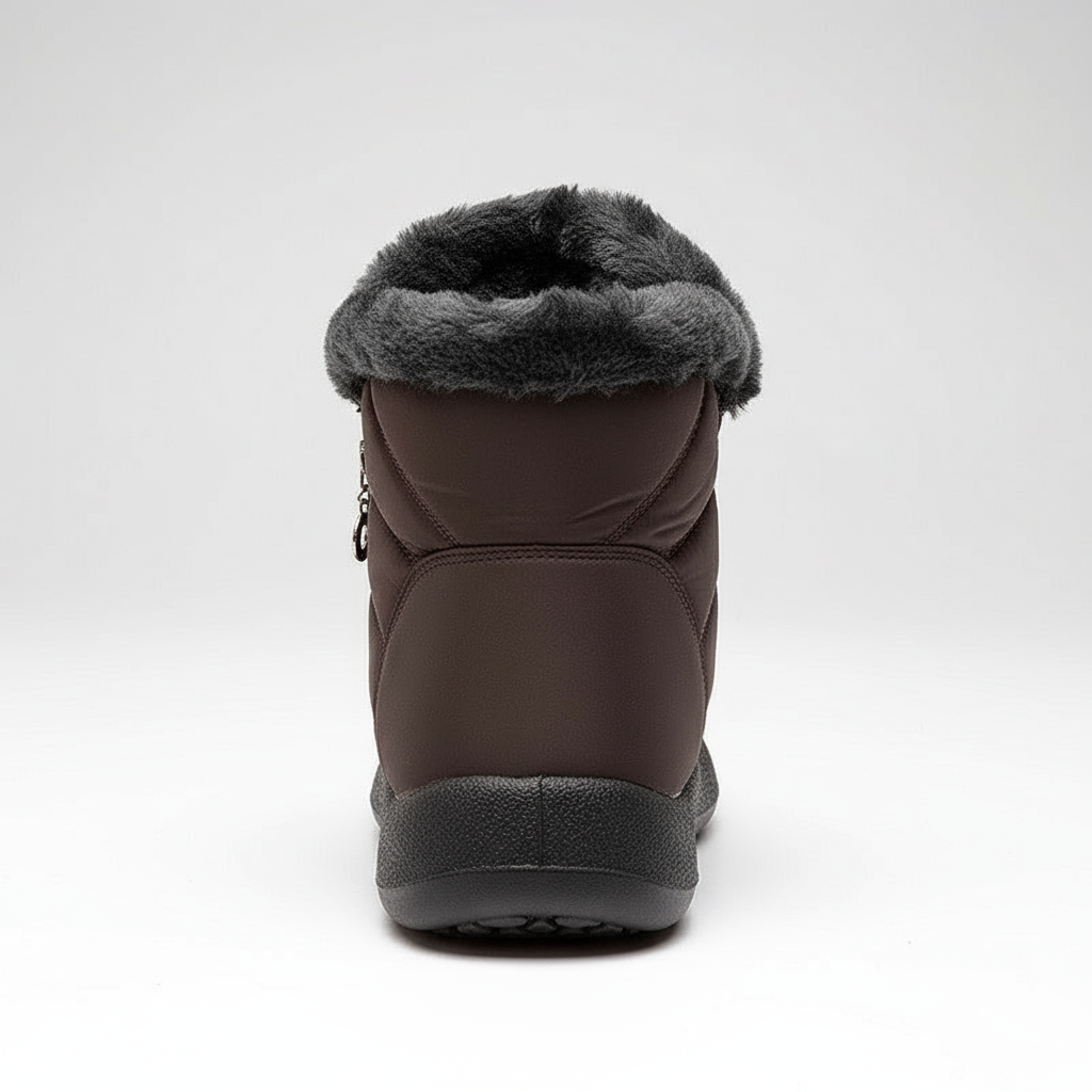 Brown winter boot with gray fur lining on a white background
