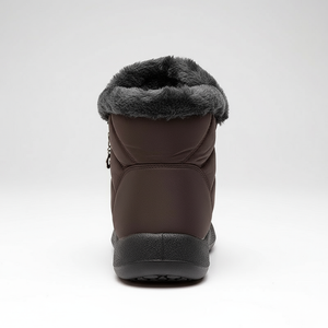 Brown winter boot with gray fur lining on a white background