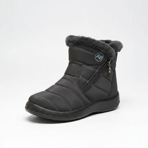 Gray winter boot with fur trim on a white background