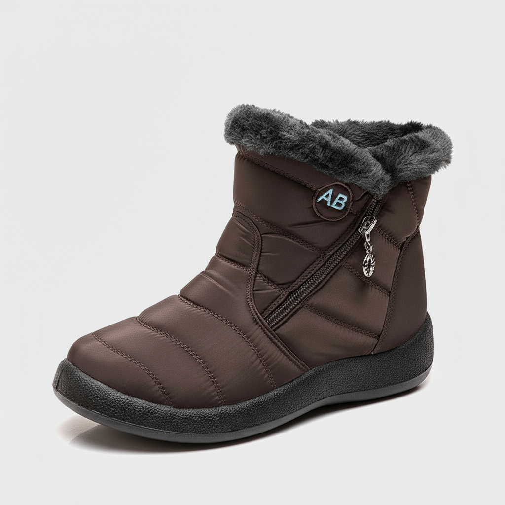 Brown winter boot with gray fur lining on a white background