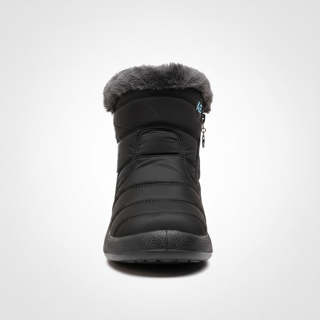 Black winter boot with gray fur lining on a white background