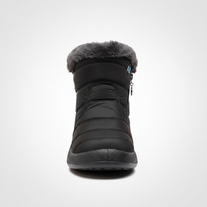 Black winter boot with gray fur lining on a white background