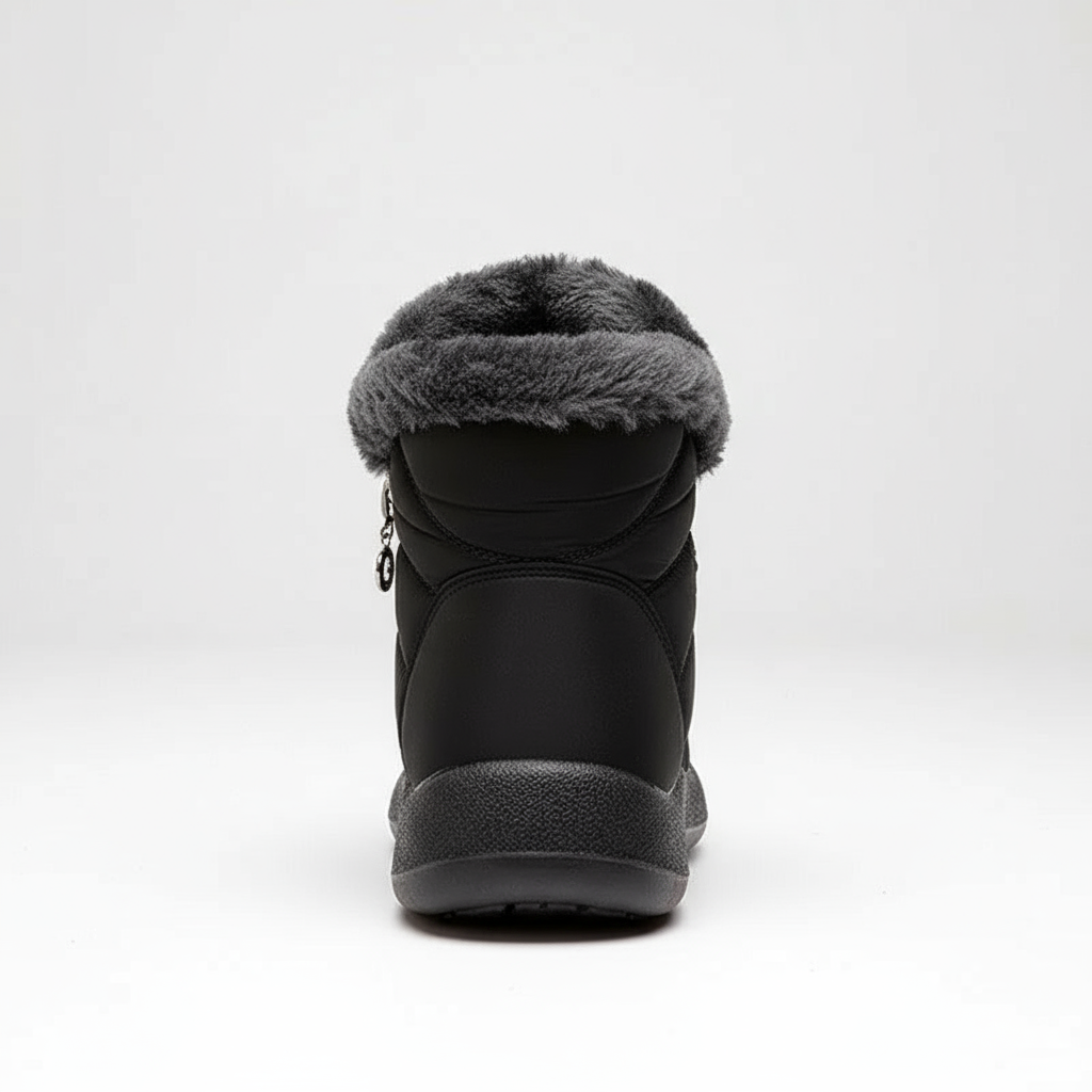 Black winter boot with gray fur lining on a white background