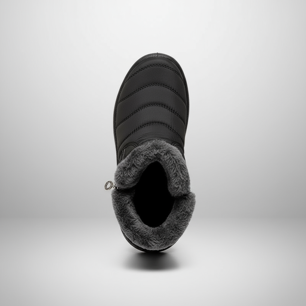 Black winter boot with gray fur lining on a light gray background