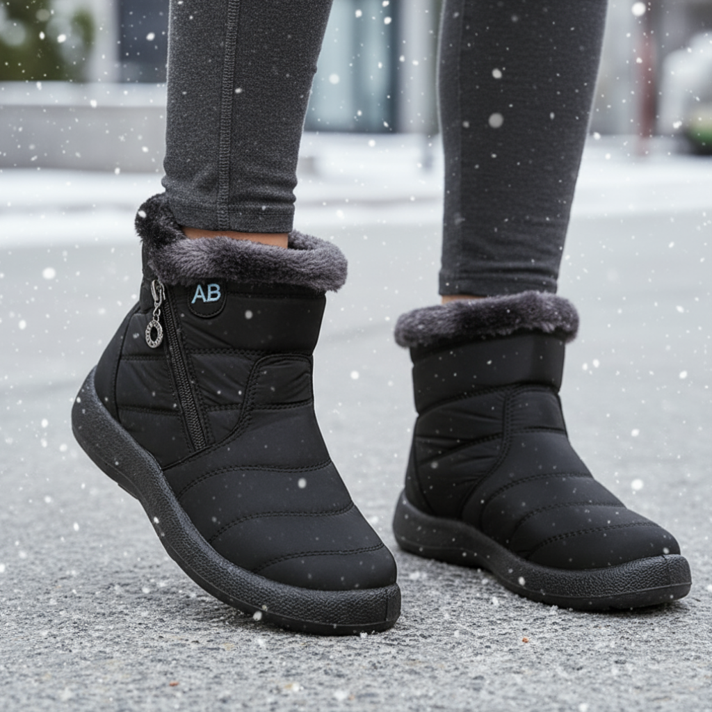 Black winter boots with fur lining worn on a snowy ground
