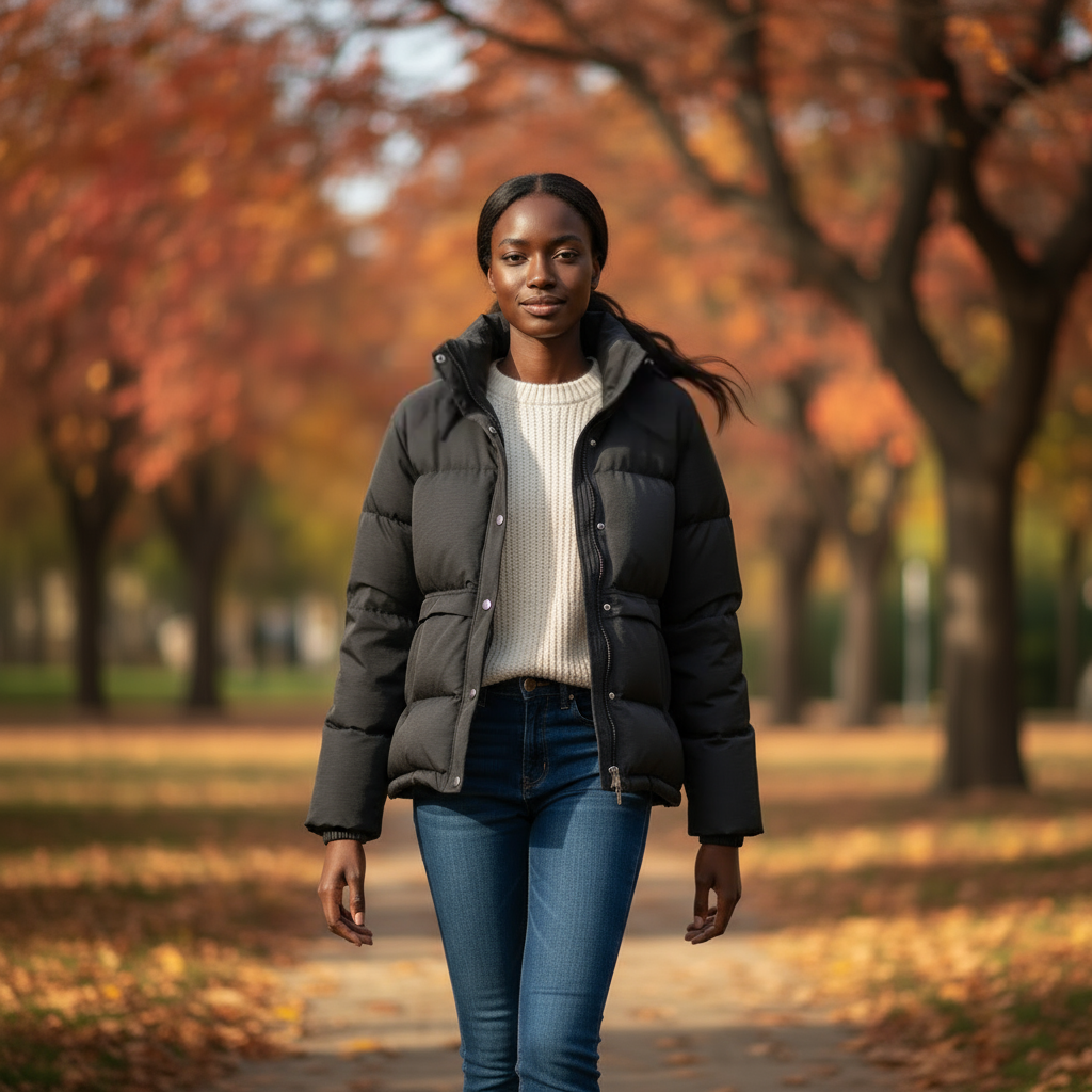 Woman in a black puffer jacket standing in an autumn park