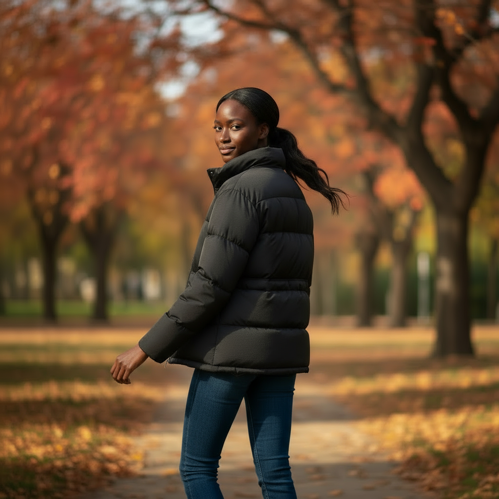 Woman in a black puffer jacket walking in an autumn park.