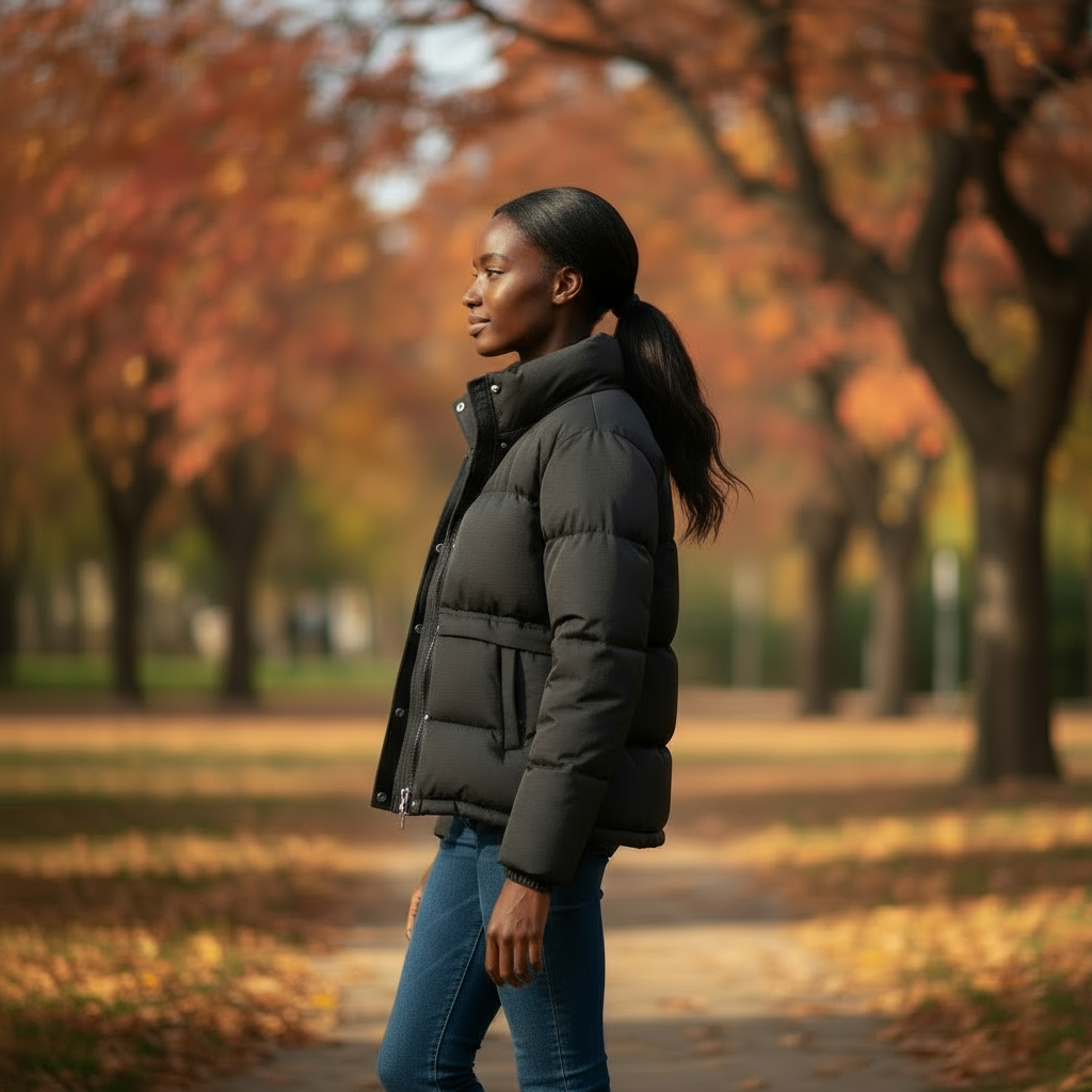 Person wearing a black puffer jacket in an autumn park