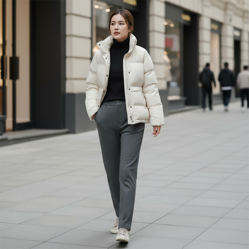 Woman in a white puffer jacket walking on a city street.
