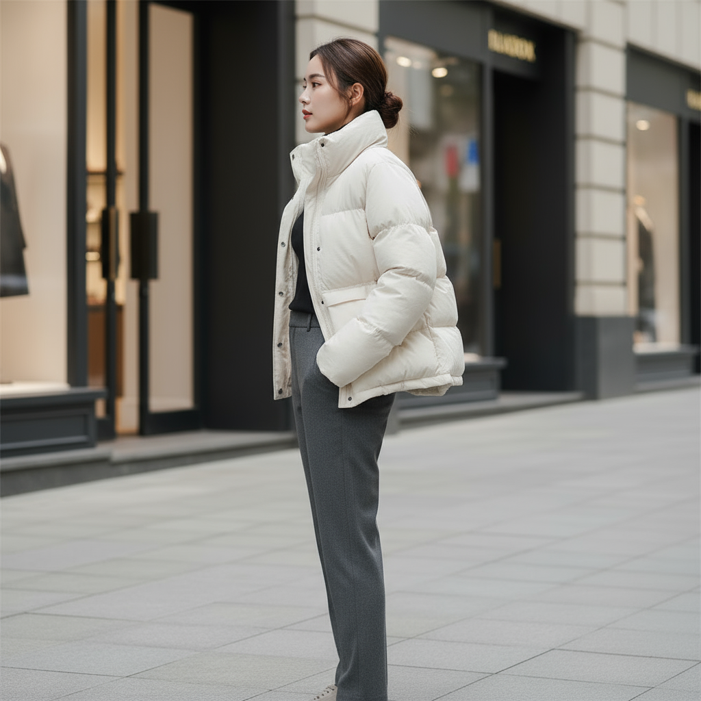Woman wearing a white puffer jacket on a city street