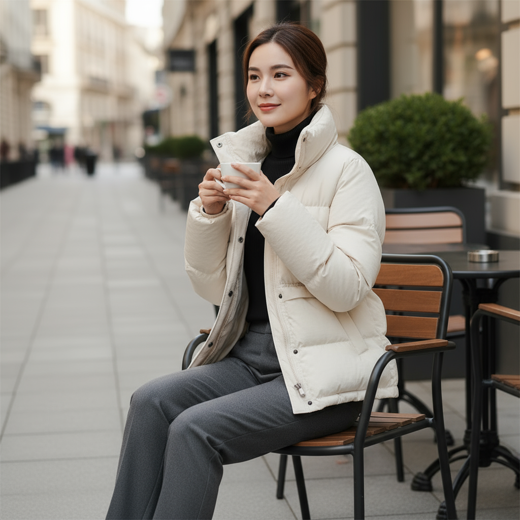 Woman in a white puffer jacket sitting on a chair outdoors holding a cup.