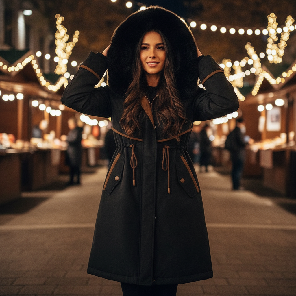 Woman in a dark coat with a hood standing in a festive outdoor setting with lights.
