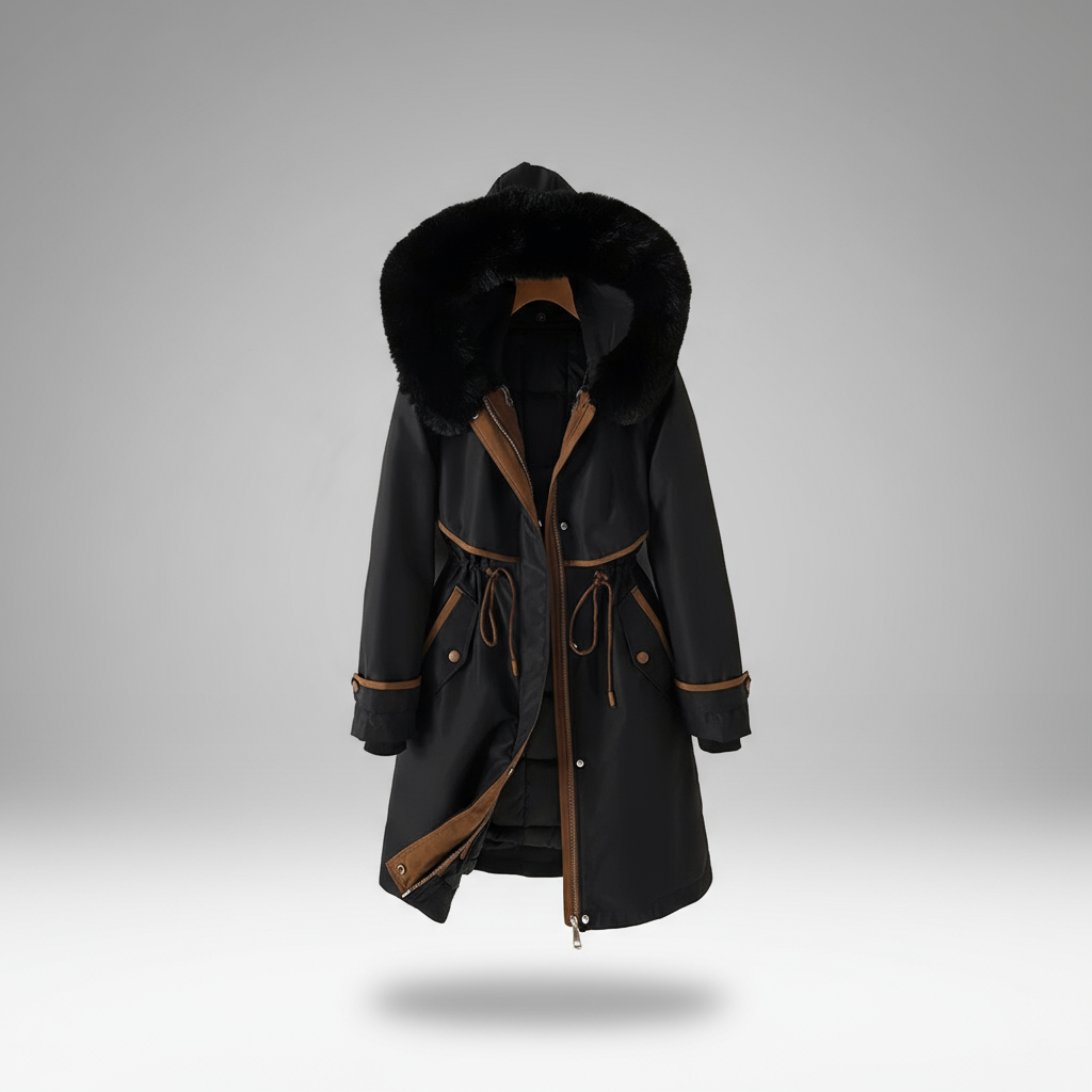 Black coat with fur hood and brown accents on a gray background