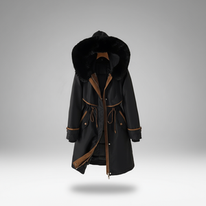 Black coat with fur hood and brown accents on a gray background