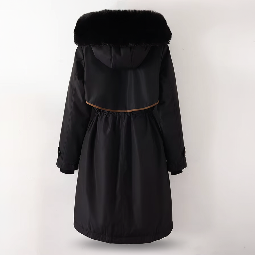 Black coat with fur hood on a white background