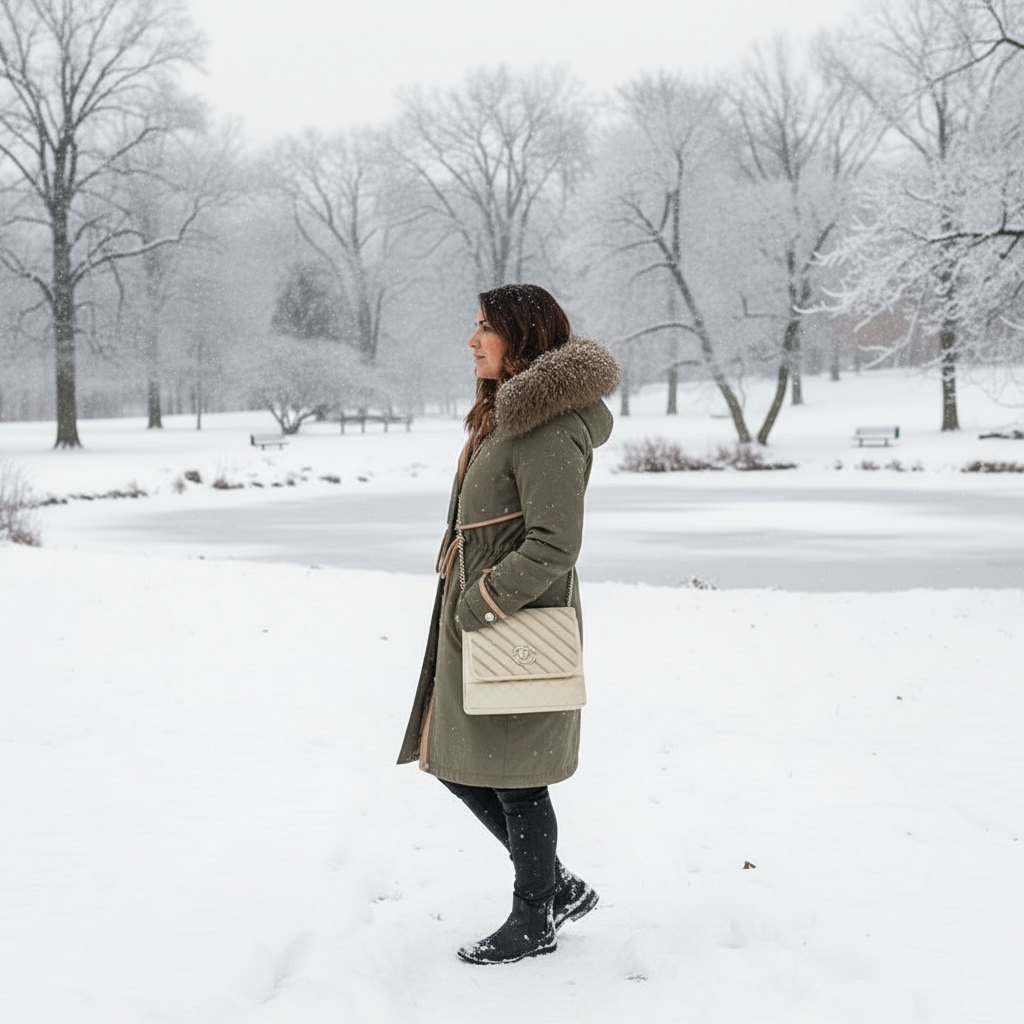 Woman in a long coat with fur hood walking in a snowy park
