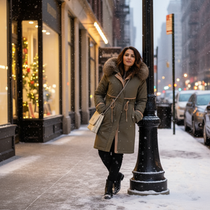 Woman in a green coat walking on a snowy city street.