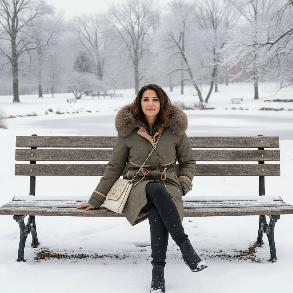 Woman sitting on a snow-covered bench in a park