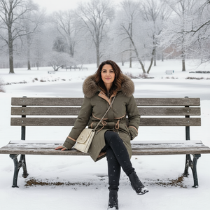 Woman sitting on a snow-covered bench in a park