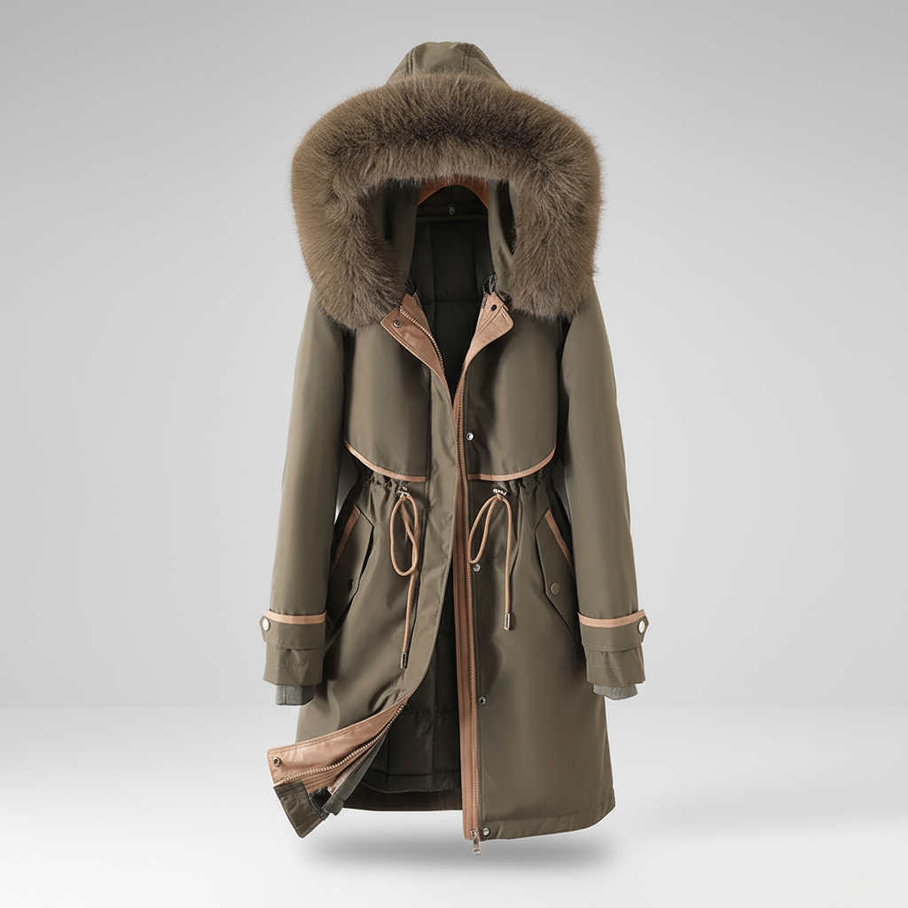 Green parka coat with fur-lined hood on a light gray background