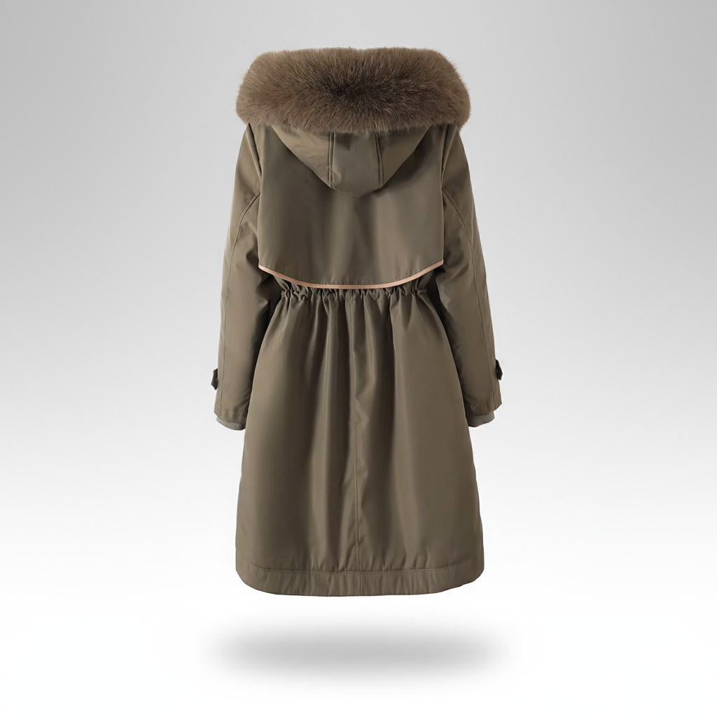 Green winter coat with fur hood on a white background