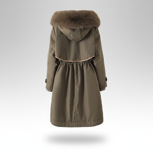 Green winter coat with fur hood on a white background