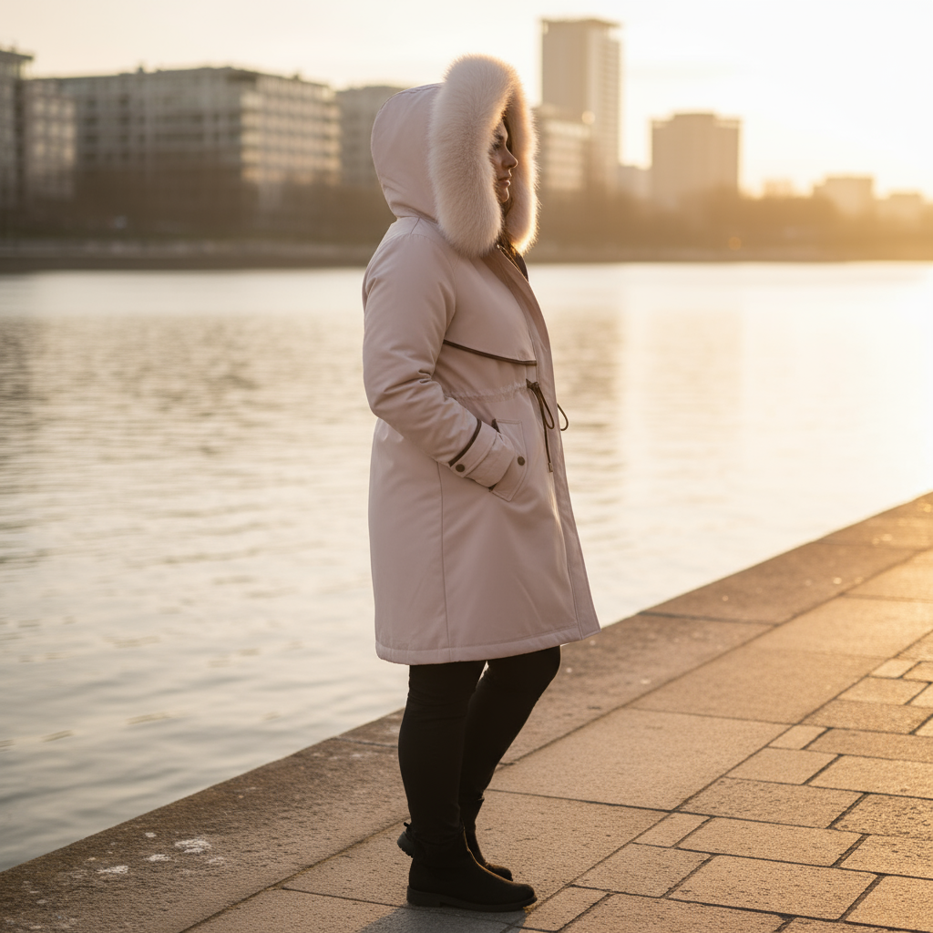 Person wearing a white coat with fur hood by a waterfront at sunset