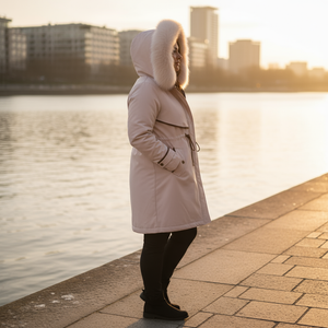 Person wearing a white coat with fur hood by a waterfront at sunset